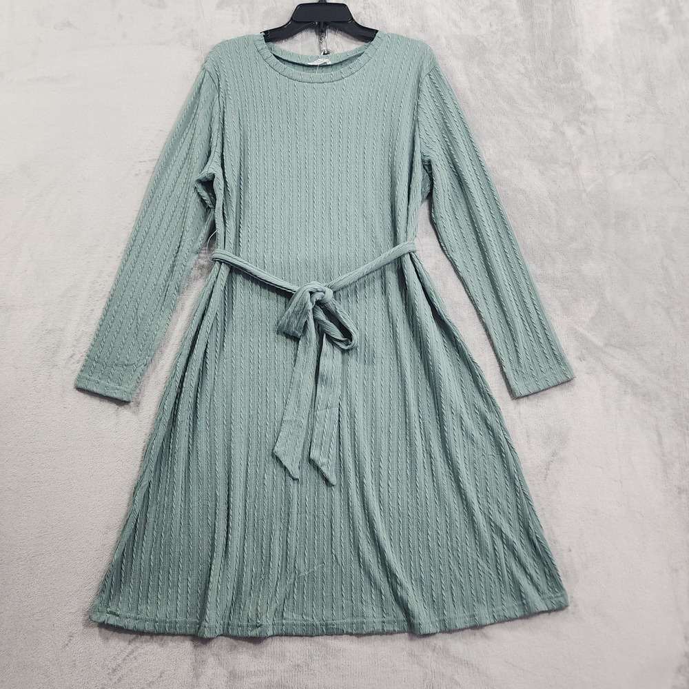 NEW Ekouaer Dress Womens XL Green Knit Sweater Belted Long Sleeve‎ Knee Length